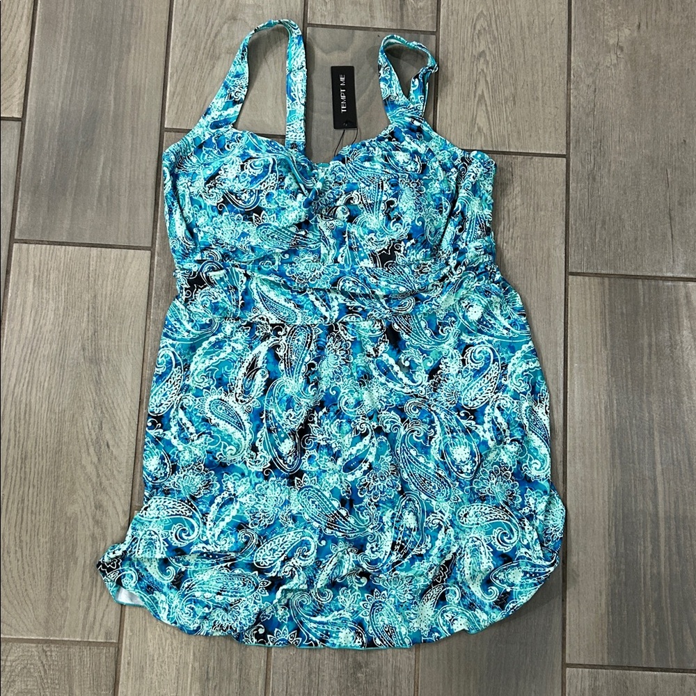 Tempt Me Blue Purple Foliage Swim Dress 1-Piece Size 16W NWT Adjustable Cups - Picture 5 of 7